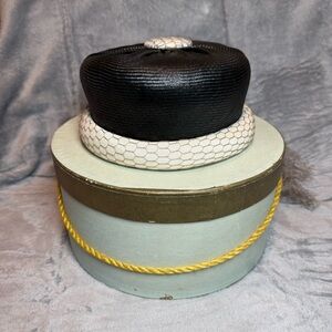 Vintage Black and Cream Pill Box Hat With Vintage Hat Box 1960s Mid Century